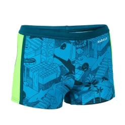 Boxer De Bain Natation Garçon - Yokob - Bleu Sombre / Vert Fluo