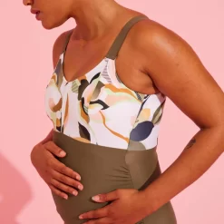 Maillot De Bain Femme De Grossesse Aquagym Natation AYA Kaki Flo Blanc -Aquasport Soldes maillot de bain femme de grossesse aquagym natation aya kaki flo blanc 4